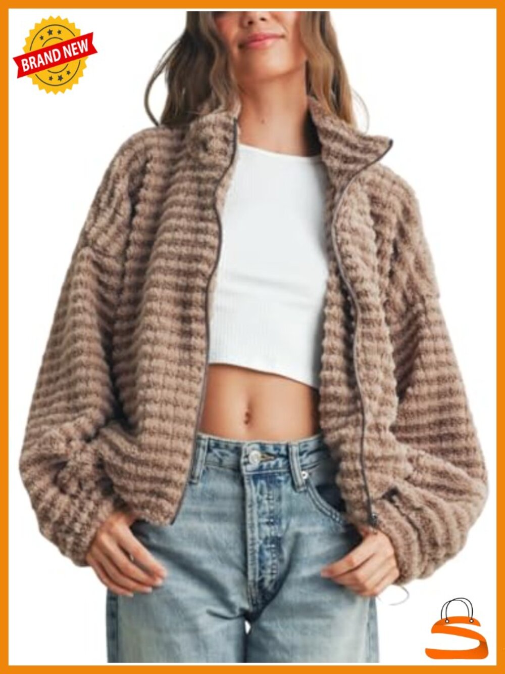 Womens Striped Fleece Jacket Winter Collared Puffer Coat Zip Up Warm Fuzzy
